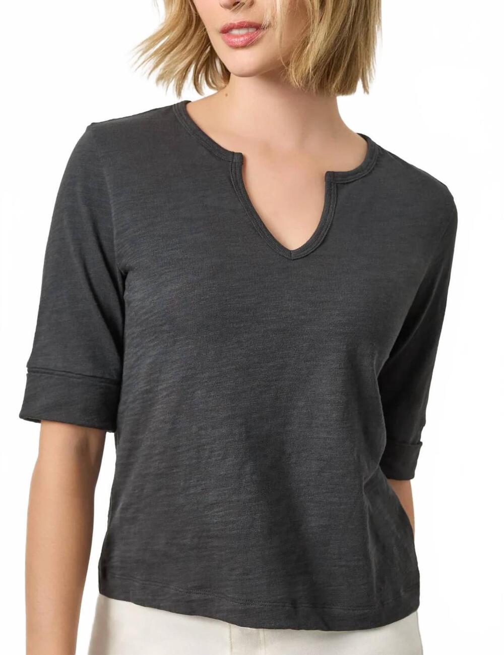 NEW LILLA P rib trim elbow split neck top in black